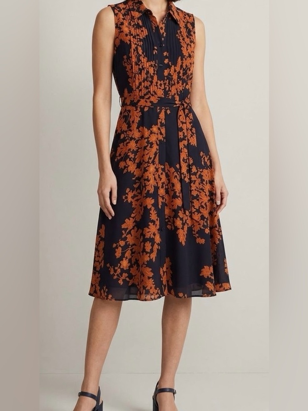 Nanette Lepore Navy Dress with Rust Floral Print and Self Tie